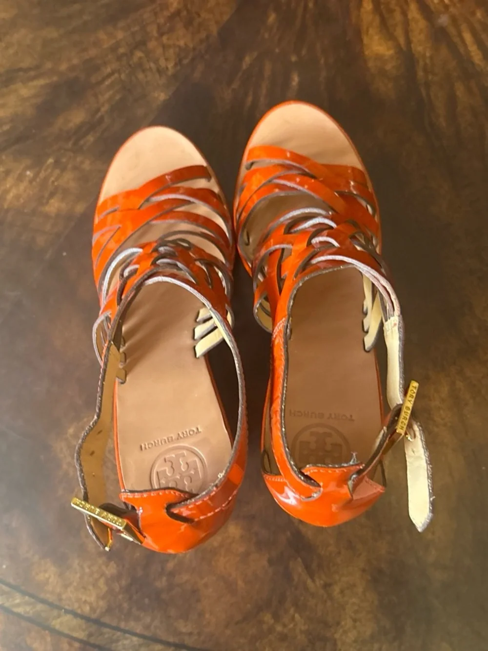 Tory Burch Orange Patent Leather Strappy Heels